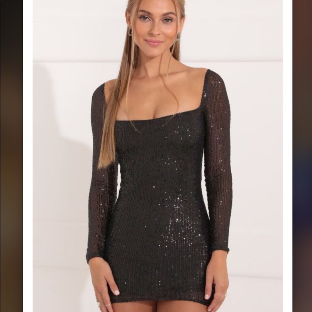 LUCY IN SKY : Giulia Square Neck Dress in Black Sequin